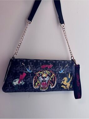 Ed Hardy Black Graphic Clutch Shoulder Bag with Chain Strap